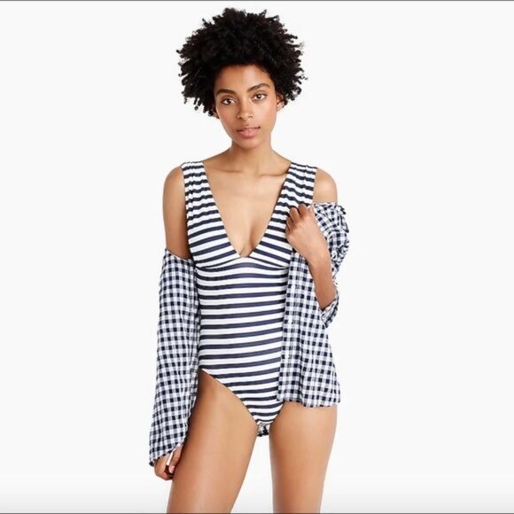 J Crew Plunge V neck One piece Swimsuit in Navy and Ivory Size 0 NWT - Picture 2 of 7